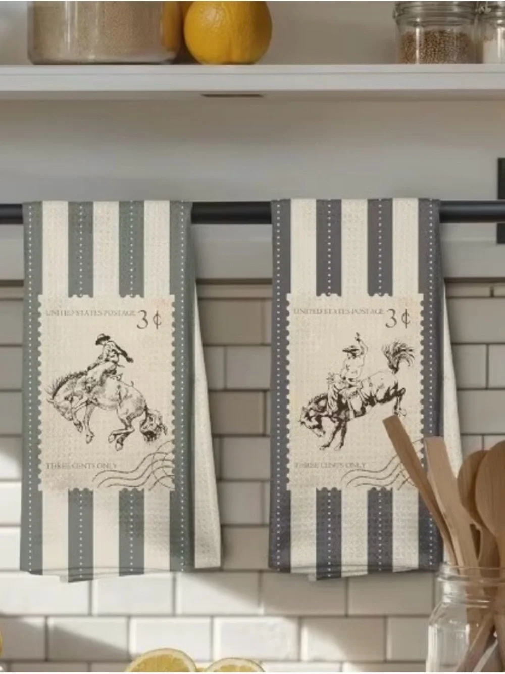 Western Cowboy Hand Towels Set 2 Rodeo Bronc Kitchen Bath Rustic Vintage Stamp
